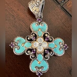 Barbara Bixby Sterling Silver 18k Enamel Turquoise, Amethyst, MOP Cross Pendant